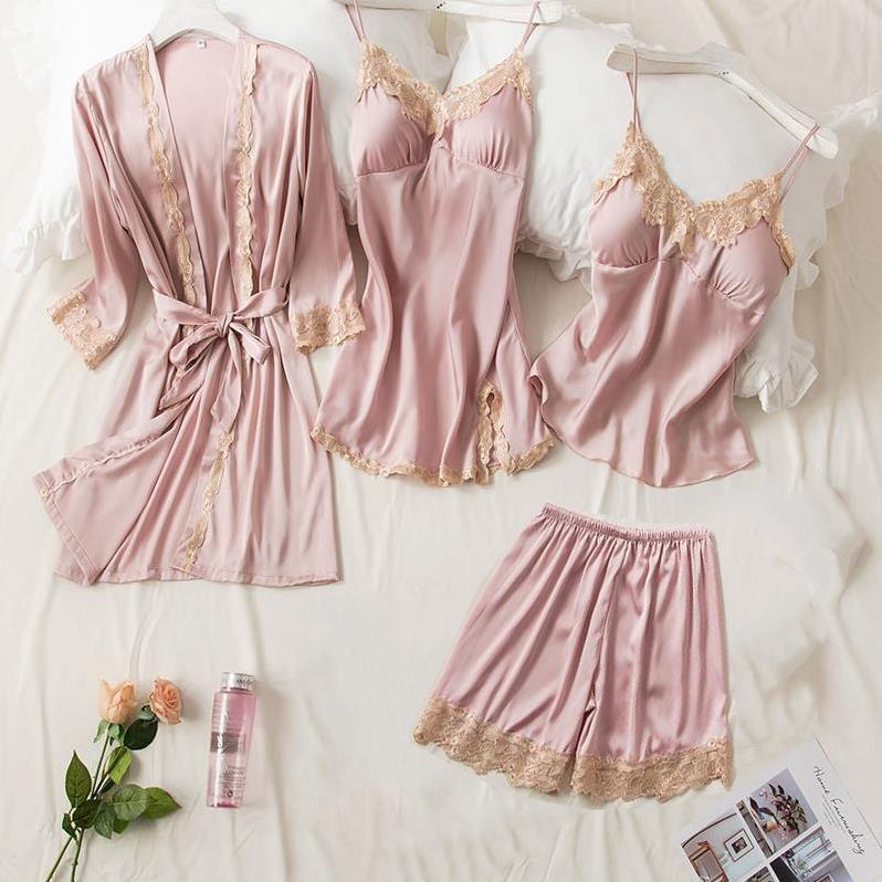 Women's Silk Five-Piece Pajama Set: Spring/Autumn Nightdress & Robe with Chest Pad