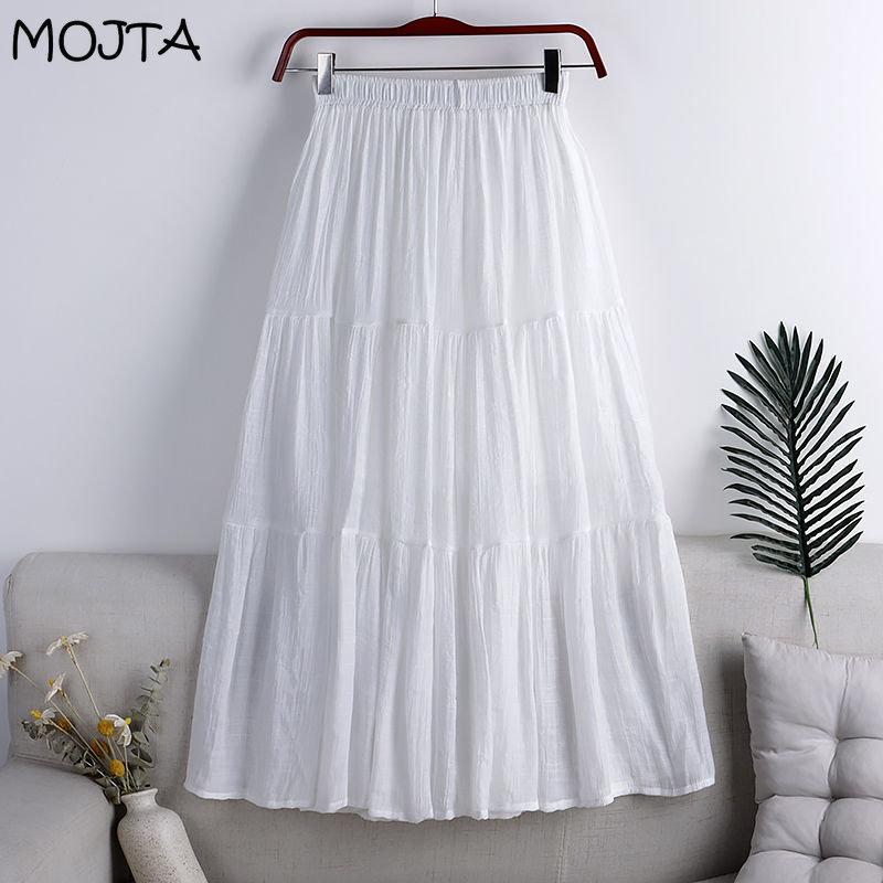 MOJTA Mid Skirt Spring Summer Women's Elastic High Waist Skirt A-line Skirt