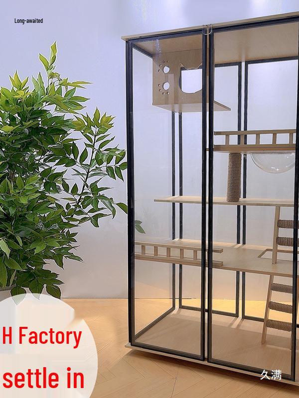 Luxury Solid Wood Cat Villa: Panoramic Glass Cat House with Bed and Indoor Cat Cabinet