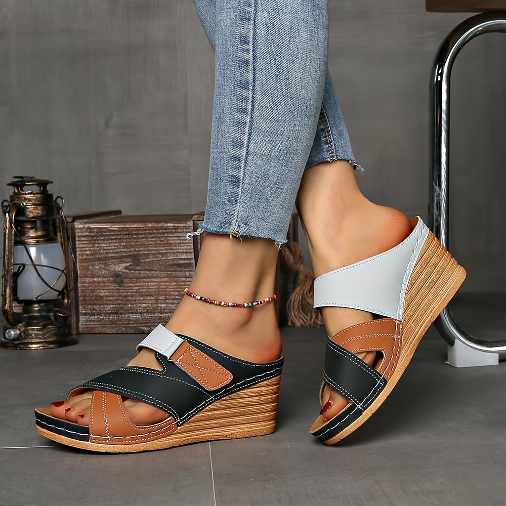 Ladies' Comfortable Color Blocked Sandals, Casual Buckle Open Toe Flat High Heels, Solid Color, Suitable for Summer Outdoor Shoes