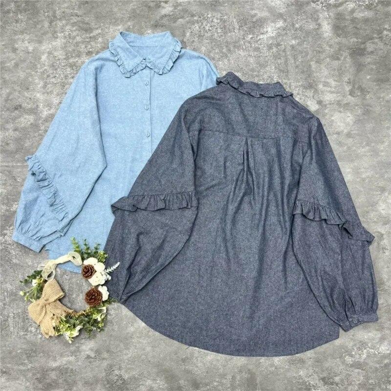 Johnature Японская женская рубашка Mori с кружевным кукольным воротником и длинными рукавами, осенние свободные винтажные топы