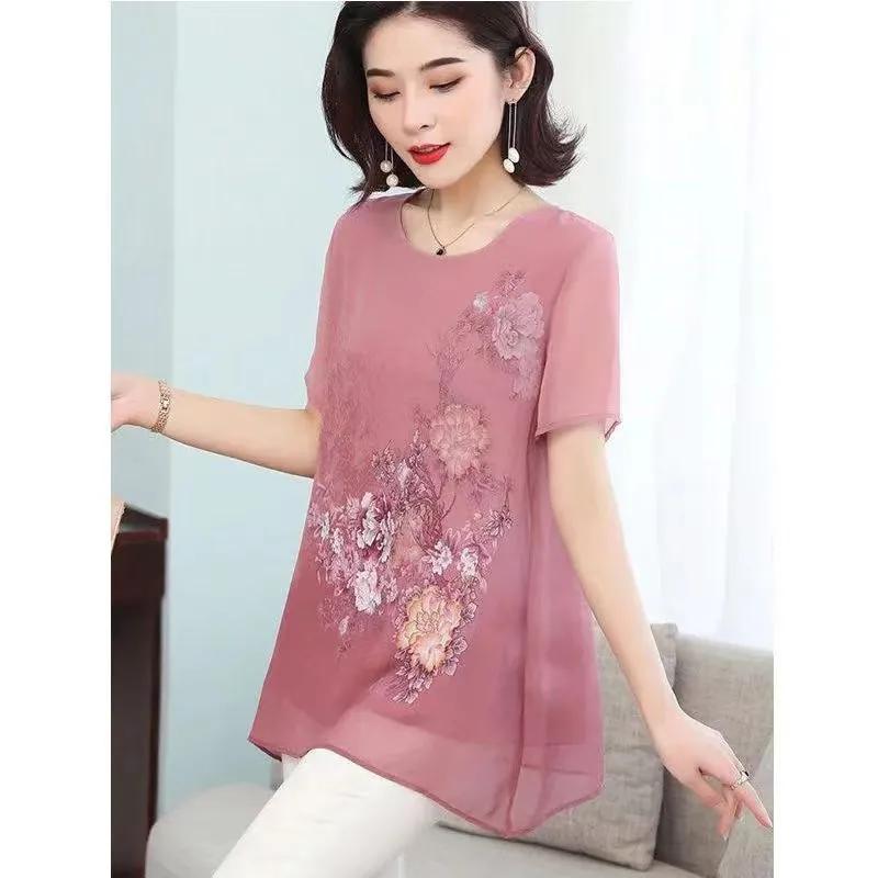 Женская летняя рубашка с коротким рукавом из шифона с принтом для мам, простые топы с круглым вырезом средней длины