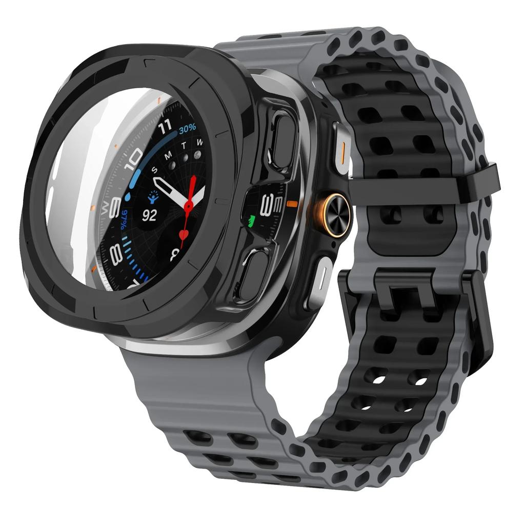 Чехол+Ремешок для Samsung Galaxy Watch 7 Ultra 47 мм Спортивный Силиконовый Ремешок Браслет Пластиковый Чехол Защитная Крышка для Galaxy Watch 7 Ultra