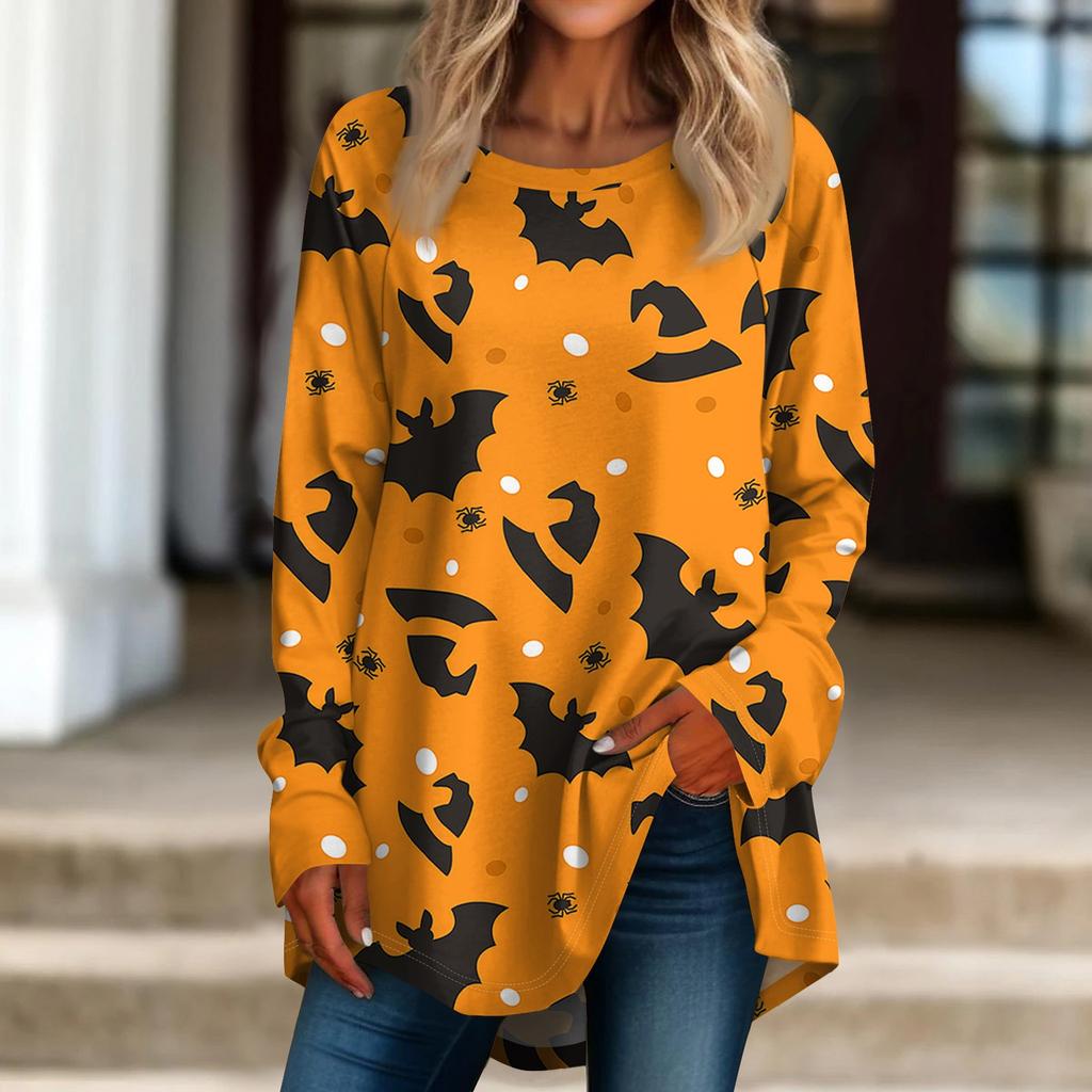 Хэллоуин Женская повседневная футболка больших размеров с длинными рукавами и круглым вырезом в стиле ретро с принтом Топ