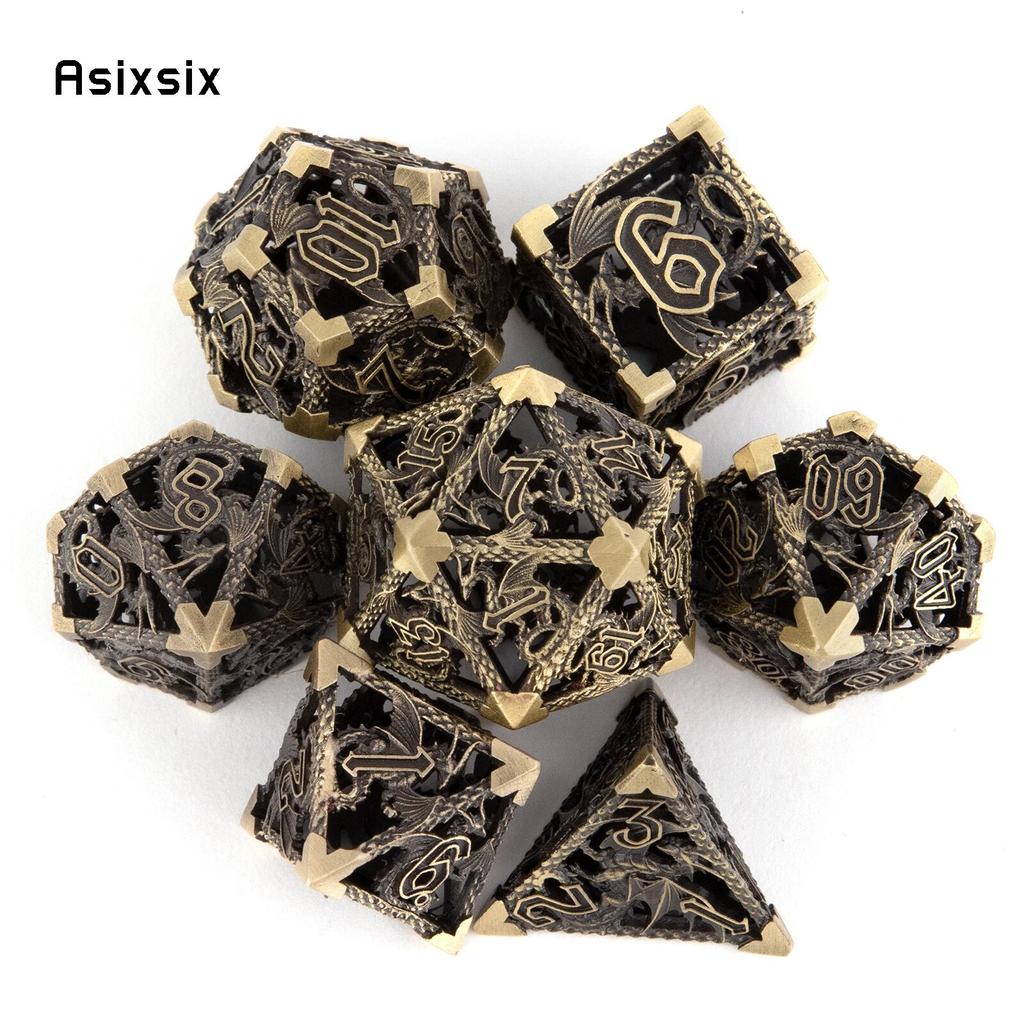7 Pcs Yellow Flying Dragon Metal Dice Hollow Metal Polyhedral Dice Set Suitable for Role-Playing RPG Board Game Card Game