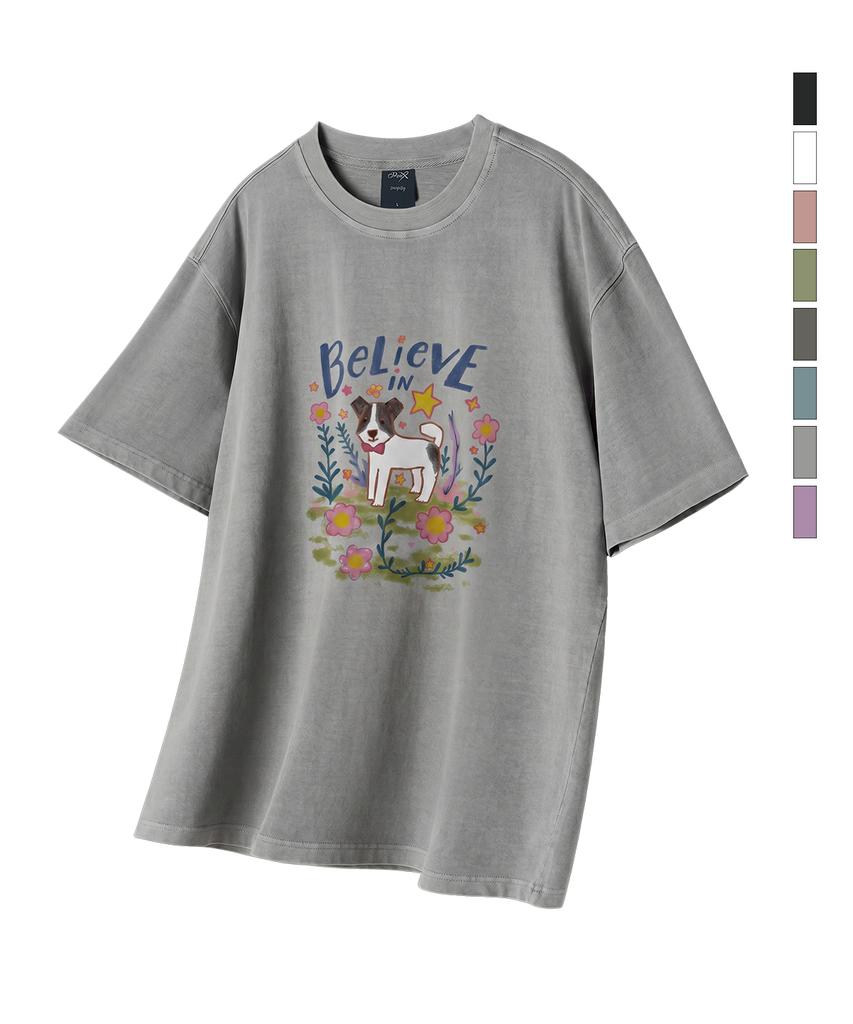 WILDROCK Flower Garden Puppy Pigment Oversized Short Sleeve T-Shirt (Cropped) (Type A)