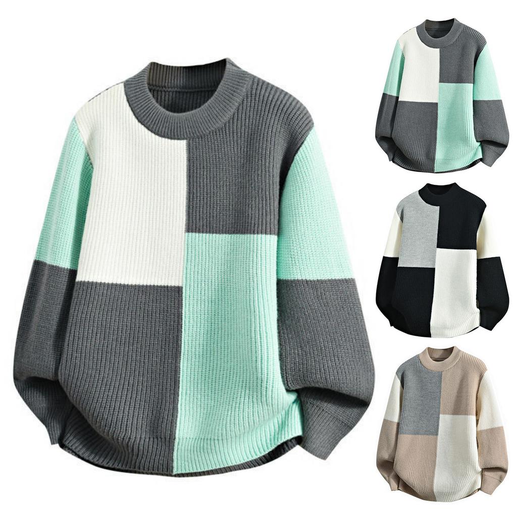 Men's Casual Loose, Color-blocking And Color-blocking Sweater, Knitted Long-sleeved Round-neck Sweater Top