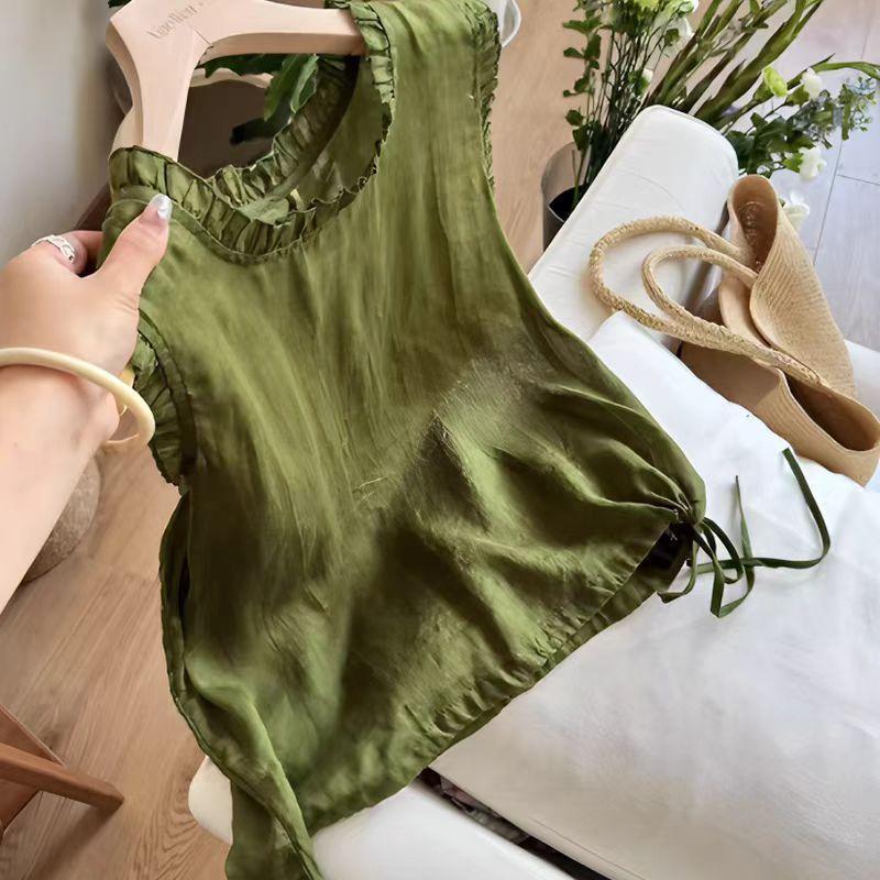French fungus collar crew neck vest shirt women's summer new literary and retro loose and thin sleeveless top