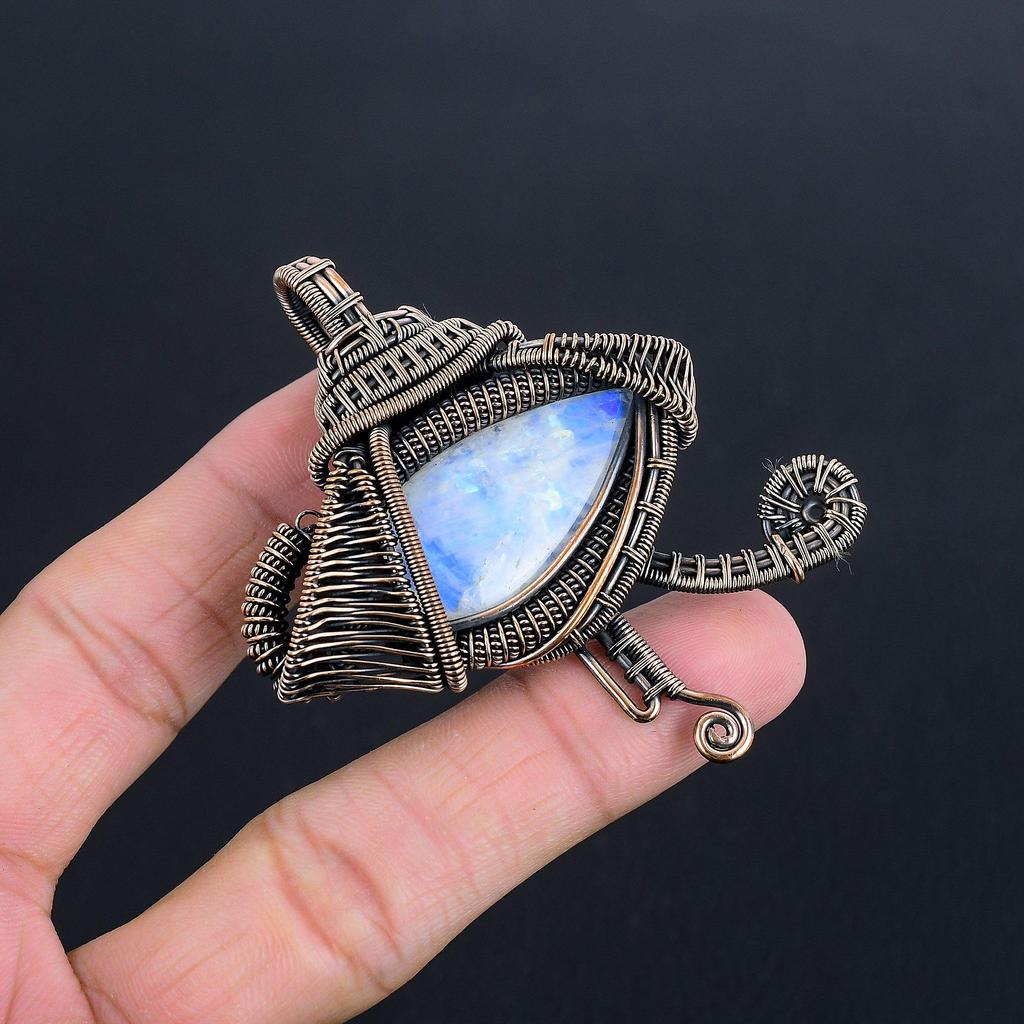Подвеска из радужного лунного камня, ювелирное изделие из драгоценного камня, подвеска, обернутая медной проволокой 999 пробы, красивая подвеска ручной работы