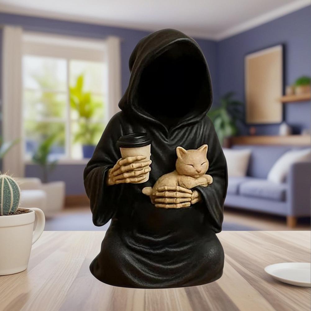 Фигурка Мрачного Жнеца для эмоциональной поддержки, Статуэтка изможденного Мрачного Жнеца с картой, Готическая фигурка-загадка в черной мантии, Декор для стола