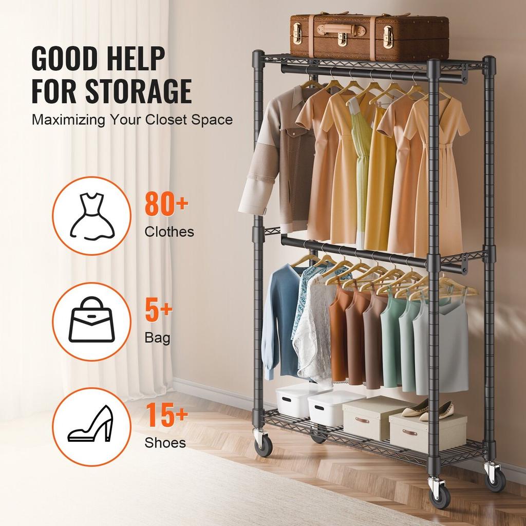 Heavy Duty Clothes Rack, Double Hanging Rods Clothing Garment Rack with Bottom and Top Storage Tier, Rolling Clothing Rack for Hanging Clothes, 1''
