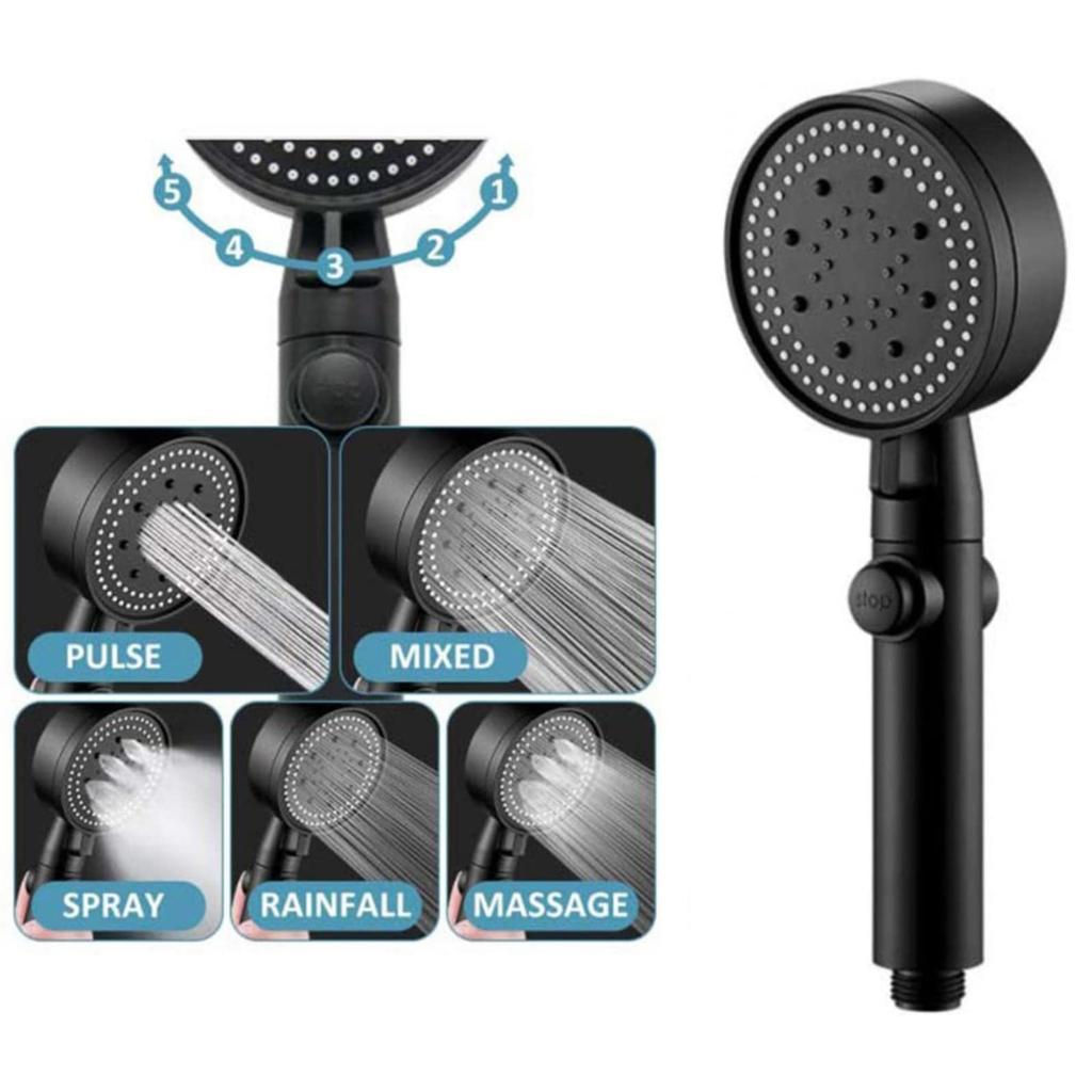 Multi Functional High Pressure Shower Head with 5 Modes High Pressure Handheld Shower Head with ON/Off Switch Water Saving Easy to Install Black