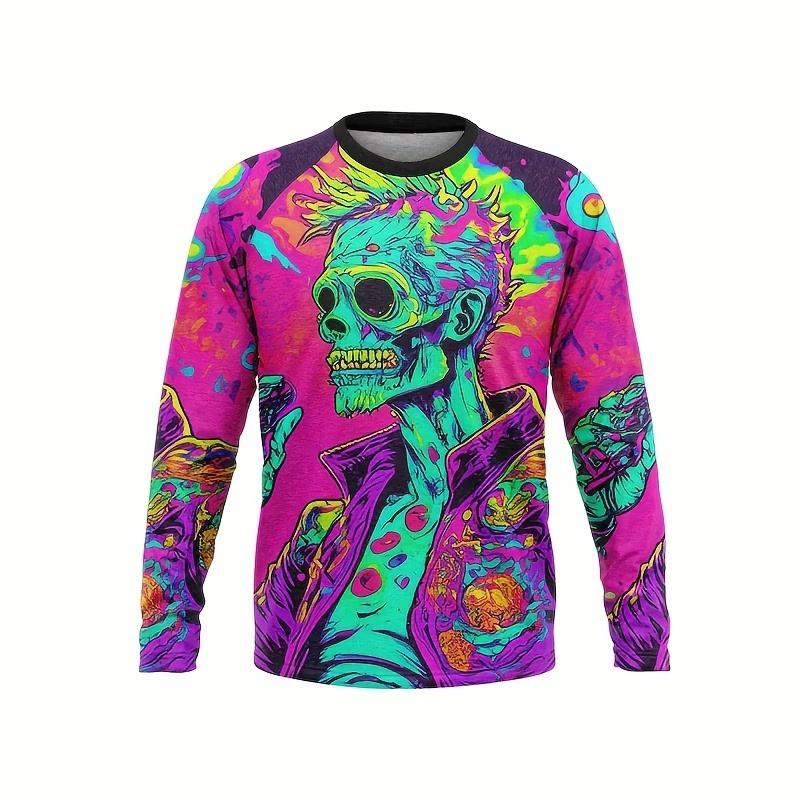 Unisex Halloween Neon Zombie Skull 3D All‑over Print Long Sleeve Cycling Jersey Breathable Casual Bike Riding Tops for Men Women