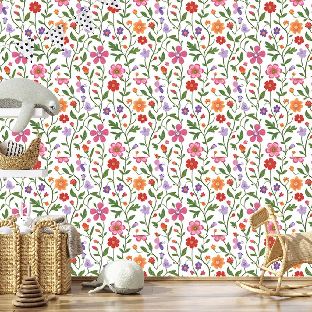 Flowers and leaves wallpaper white, light gray and lime 50x1000