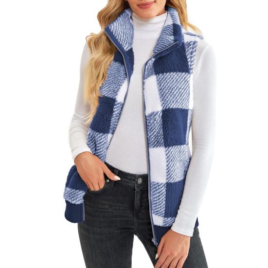Женский осенне-зимний жилет, пальто без рукавов с воротником-стойкой, толстая плюшевая защита шеи, застежка-молния, кардиган, подходящий по цвету клетчатый карман, женский жилет