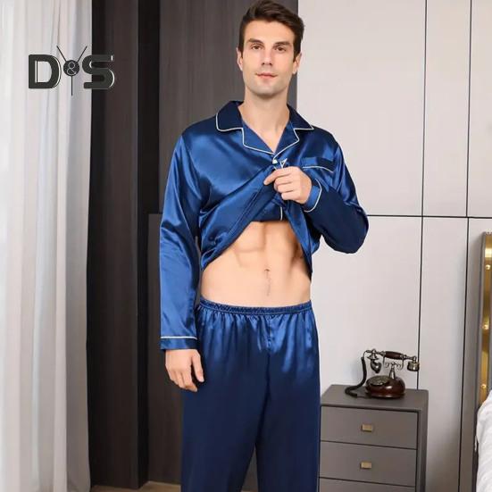 2 шт./компл. Шелковый атласный мужской пижамный комплект с пуговицами, длинными рукавами, верхом из пижамы с воротником-стойкой, пуговицами спереди, нагрудным карманом, длинными штанами, одежда для сна