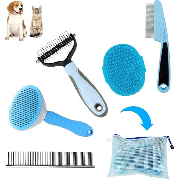 Набор для груминга собак - Щетка для линьки для короткой шерсти, Пуходерка, Гребень от блох, Набор щеток для щенков розового цвета