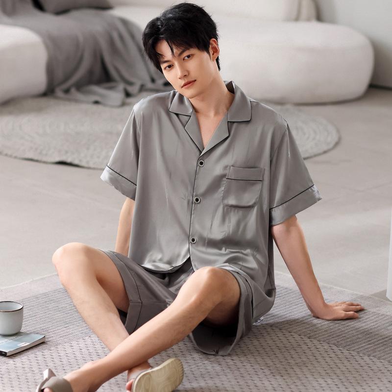 Men's ice silk pajamas short-sleeved shorts summer thin simple cardigan high-end simulation silk loungewear set