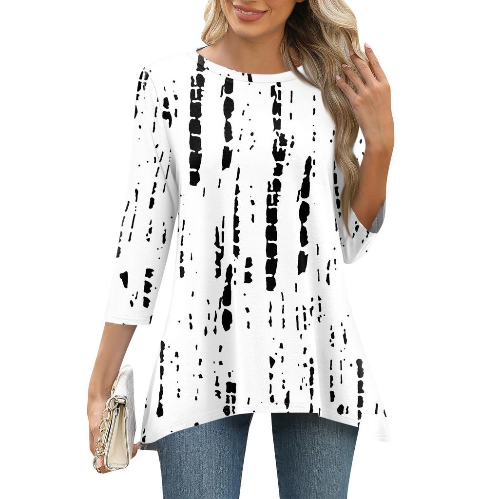 3/4 рукав туника топы для женщин принтованный повседневный выходной свободный крой модная базовая футболка с круглым вырезом