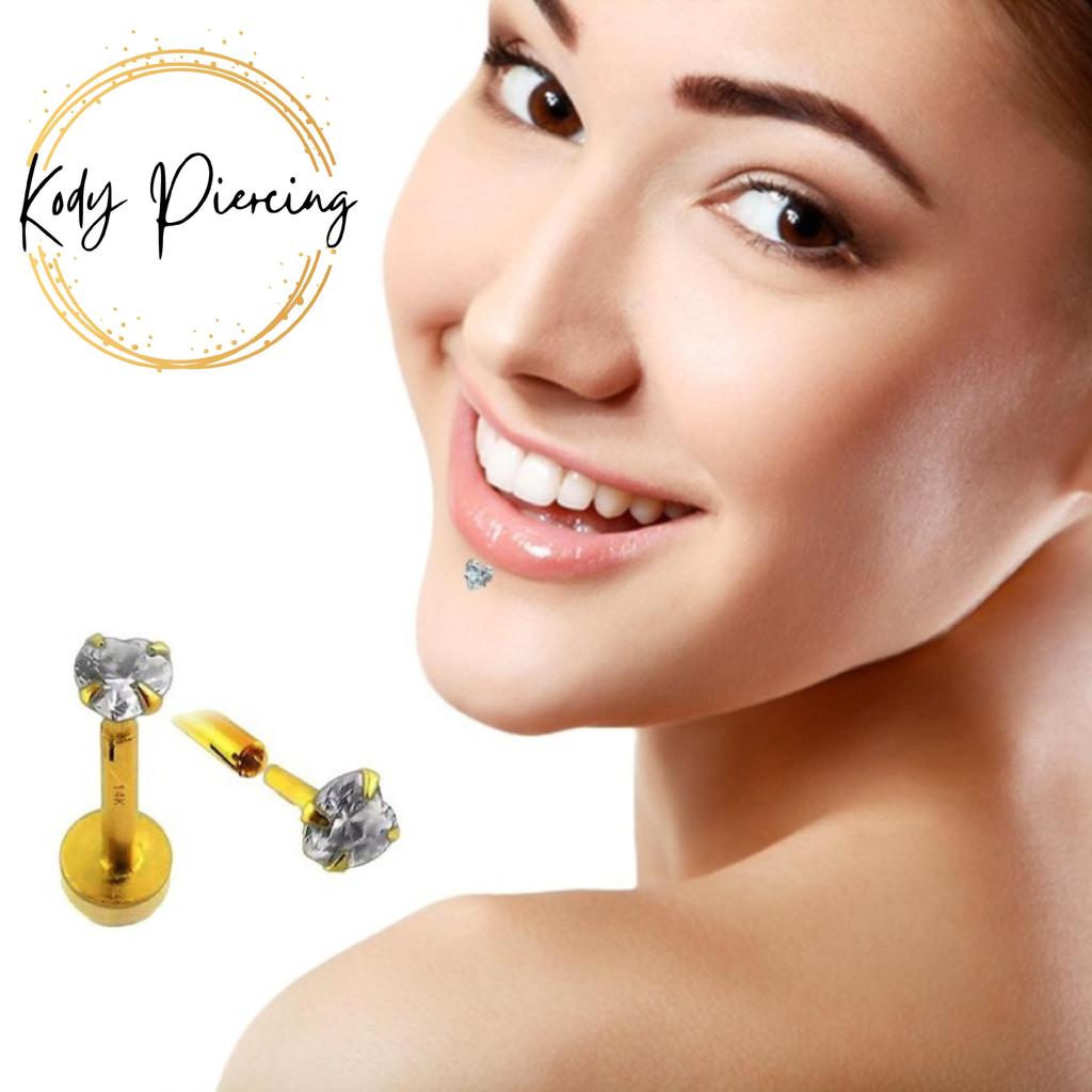 KODY PIERCING 14k Yellow Gold Gemstone Jewel Internal Lip Labret In Hollow Cubic Zirconia Heart-shaped 3mm Set by 4 Prongs - Quality Piercing