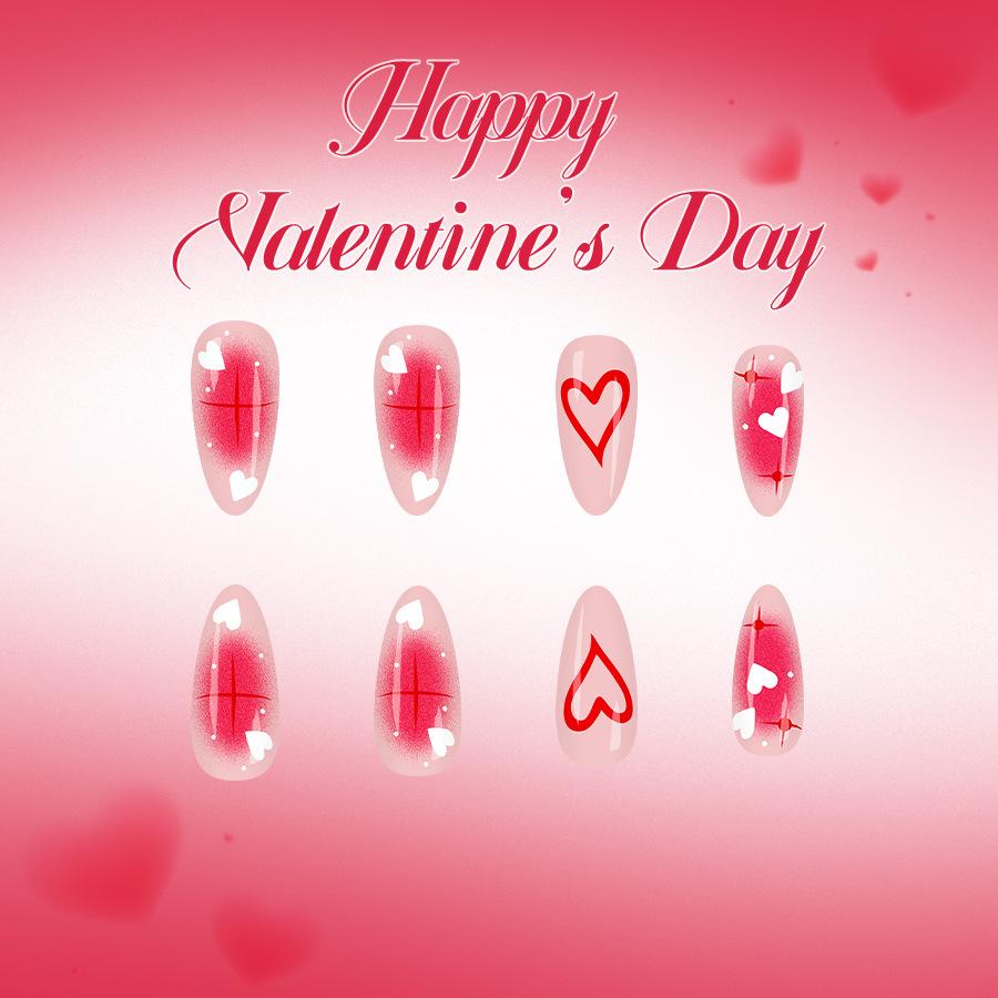 Sweet Heart Star Glossy Medium Almond Fake Nails 24Pcs Valentine's Day Blush Ombre Women's Press On Nails