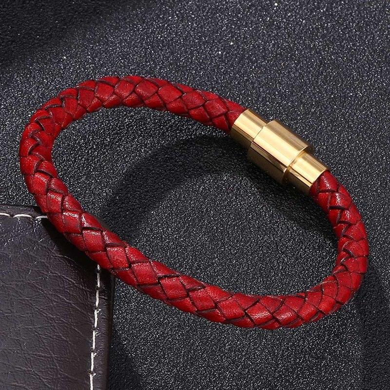 Fashion Men Women Red Leather Bracelet Charm Stainless Steel Button Neutral Accessories Female Bracelets Bangles