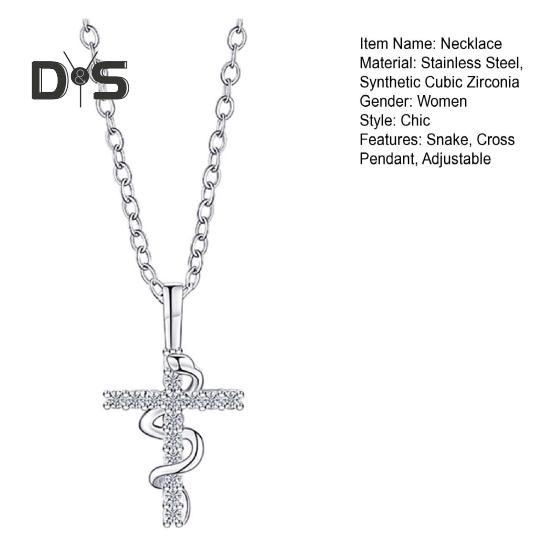 Женское ожерелье с подвеской в виде креста в виде змеи из кубического циркония, полая цепочка, регулируемая длина, гальваническое полированное ожерелье со знаком зодиака «Год Змеи»