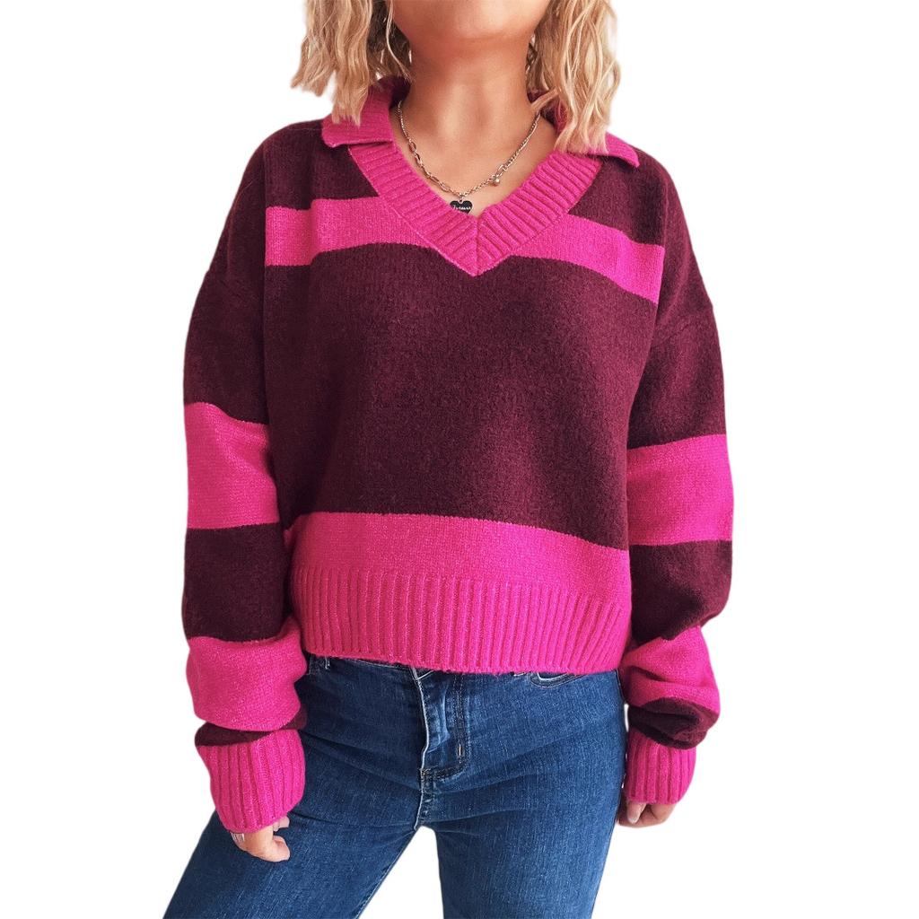 Women's Contrasting Striped Knitted Lapel Long Sleeved Pullover Sweater Top