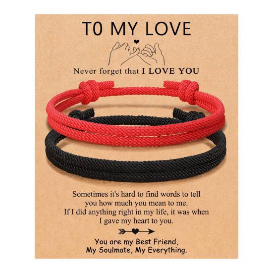 2Pcs Black White Adjustable Couple Rope Bracelet Handwoven Friendship Wristbands Birthday Gift