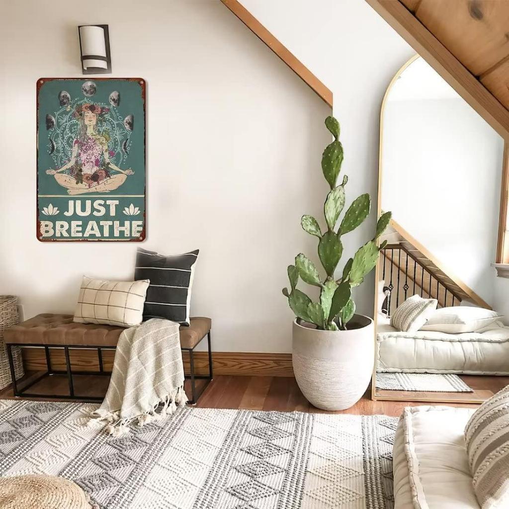 Оловянная вывеска в стиле ретро для девочек-йогов, настенный декор «Просто дыши, йога», забавная вдохновляющая цитата, настенное искусство, винтажная жестяная вывеска для «Девушки-йоги» для дома