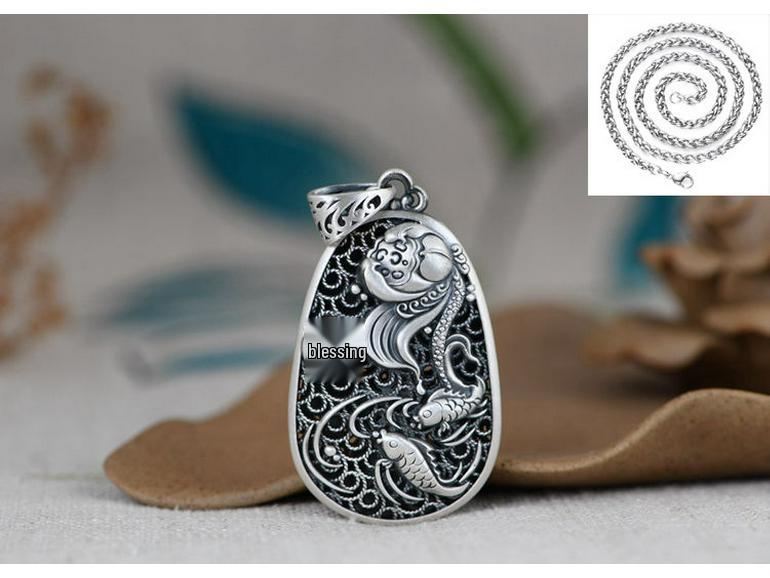 Полый кулон-капля с иероглифом Фу, карпом и лотосом - Ретро серебряная цепочка-свитер для женщин