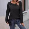 Autumn and Winter Women's Pit Stripe Milled Round Neck Solid Colour Button Long Sleeve Top