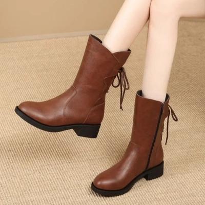 2024 Новые женские рыцарские сапоги на низком каблуке, модные повседневные ботинки с острым носком и шнуровкой, мотоциклетные ботинки из искусственной кожи в стиле ретро в уличном стиле