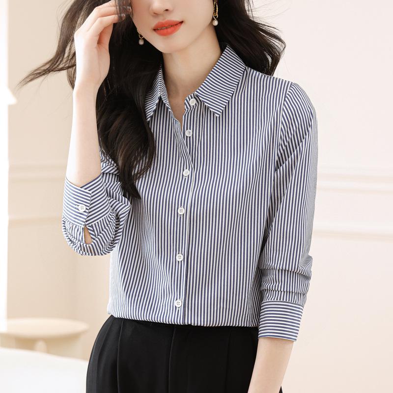 Женская рубашка с длинным рукавом в вертикальную полоску, осень 2025 - Корейский стиль, облегающий профессиональный топ