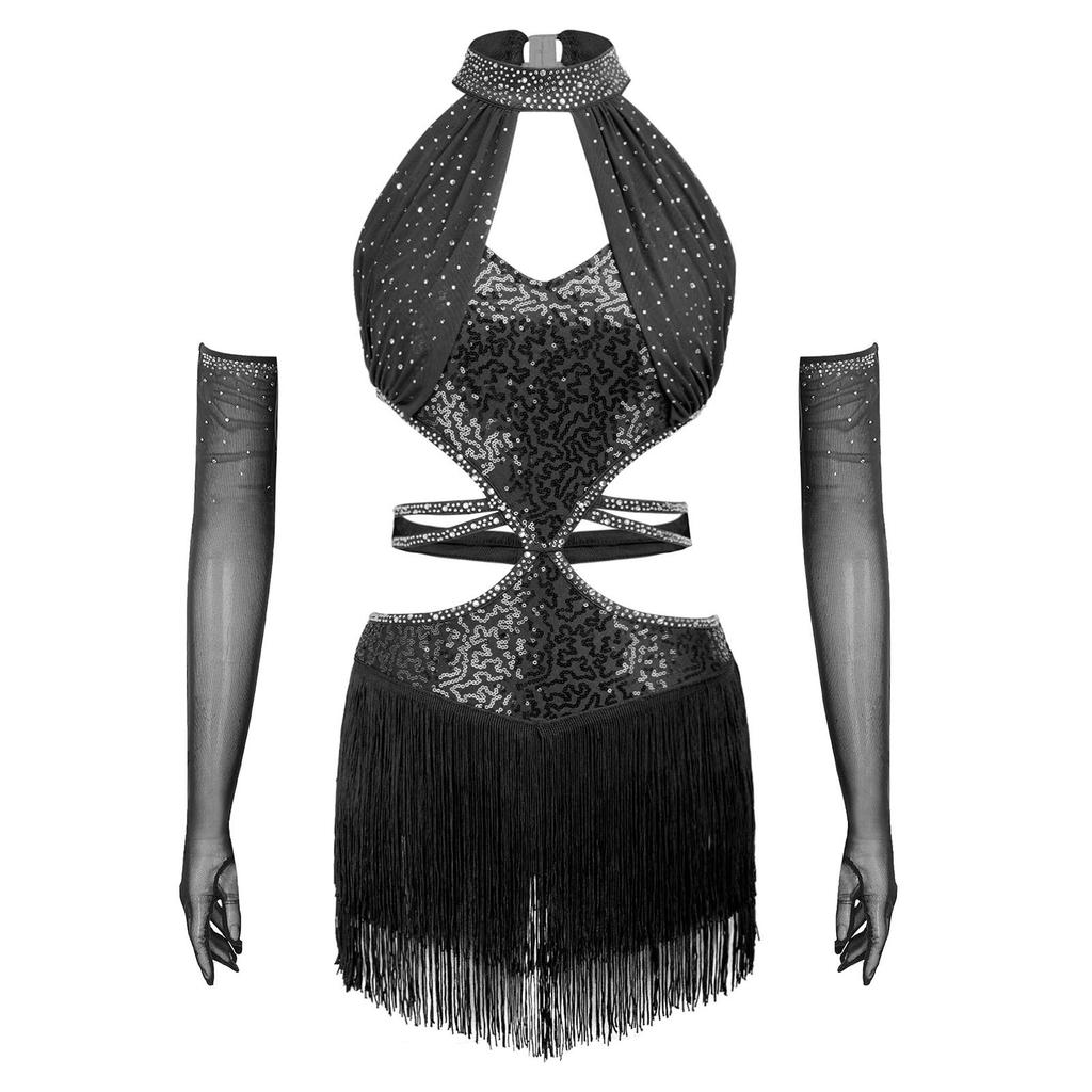 Women Latin Dance Fringed Dress Cutout Sleeveless Strappy Waist Tassel Hem Sequined Dress with Long Gloves