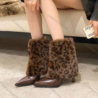 Модные Comemore Осенне-зимние Остроносые Сексуальные Леопардовые Меховые Сапоги для Женщин Утепленные Теплые Темпераментные на Высоком Каблуке Короткие Bota Feminina