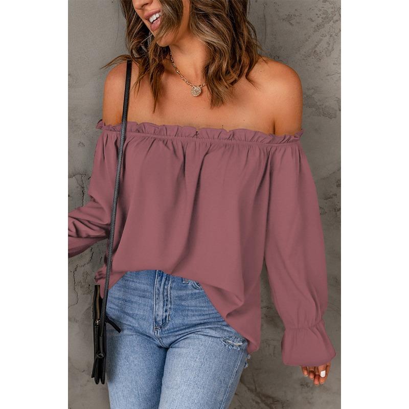 YYFS Women's Fashion Casual Spring Fall Solid Color Print Long Sleeve One Shoulder Blouses & Shirts