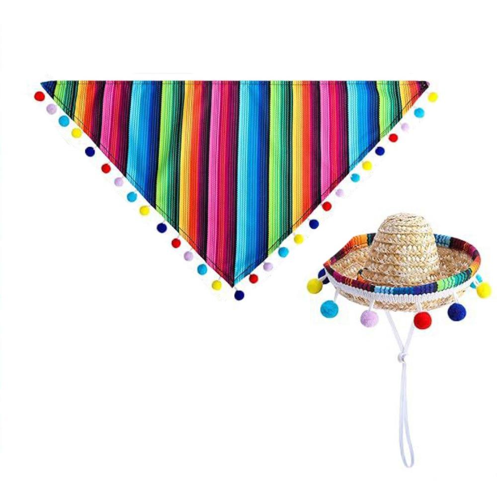 Adjustable Pet Hat Scarf Mexican Style Multicolor Striped Pet Triangle Scarf with Glasses Pet Bibs Decorative Big White Goose