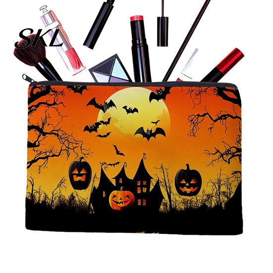 Spill-proof Zippered Travel Bag Halloween Storage Bag, with Pumpkin Ghost Print, Durable Canvas Castle Makeup Pouch Large Capacity Pouch, for