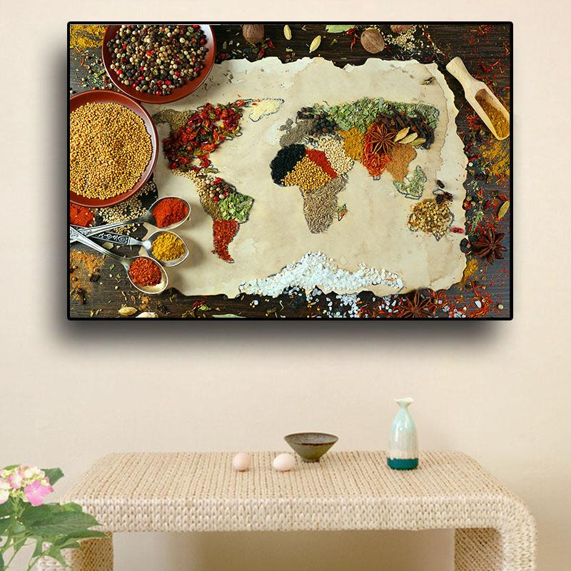 Grains Spices World Map Kitchen Canvas Painting Abstract Still Life Posters and Prints Pictures Living Room Home Decor No Frame