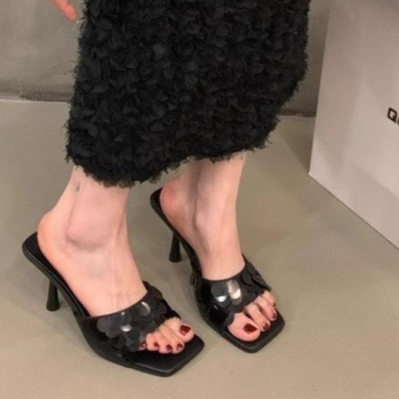 Лето 2024 года, хит продаж, женские туфли на высоком каблуке и тапочки, модные и элегантные, с квадратным носком, универсальные серебристые женские туфли для отдыха на природе