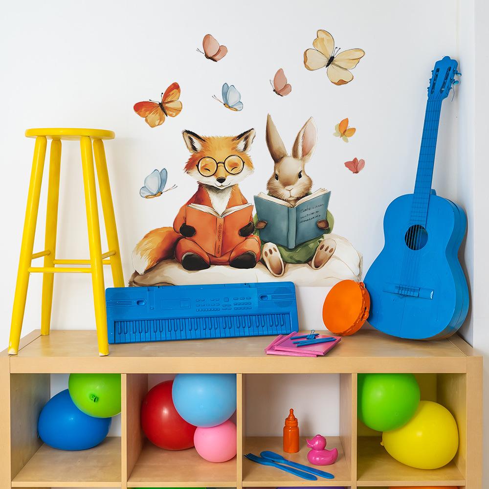 Cartoon Rabbit and Fox Reading Books and Fluttering Butterflies Home Background Wall Decoration Stickers