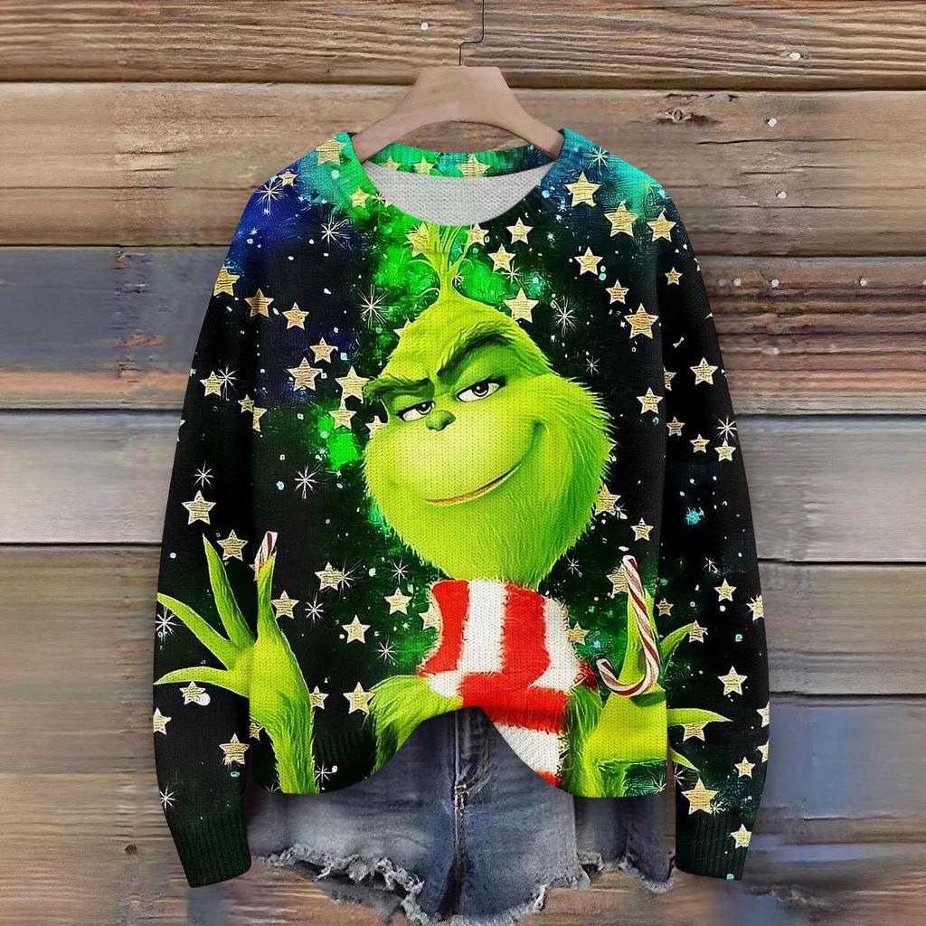 Пуловеры с длинным рукавом для женщин, с круглым вырезом, повседневные, милые, с принтом, вязаные, оверсайз