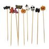 100PCS Disposable Cocktails Tags, Halloween Pumpkin Ghost Bat Decor Bamboo Skewers, Sharp Tip Party Picks for Fruits Snacks Cakes Bar