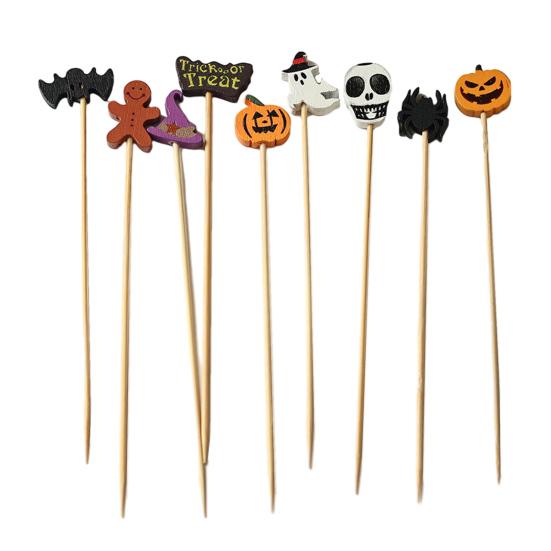100PCS Disposable Cocktails Tags, Halloween Pumpkin Ghost Bat Decor Bamboo Skewers, Sharp Tip Party Picks for Fruits Snacks Cakes Bar