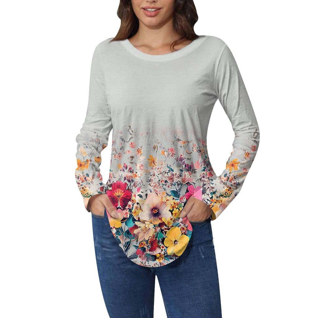 Рубашки для женщин Милые винтажные узоры с принтом Футболка с длинным рукавом Туника Топы Хлопковые пуловеры