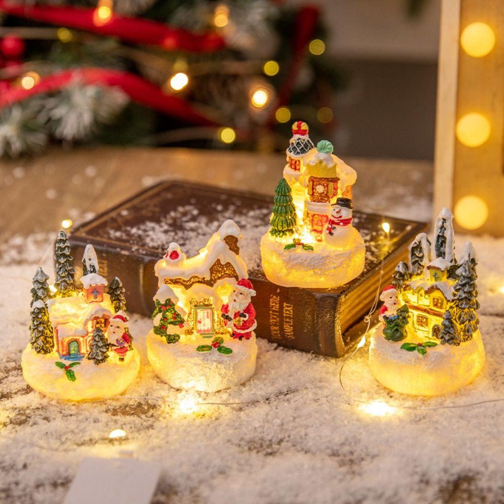 Resin House Statue Light Creative Santa Claus Snowman Lamp Miniature Figurine Sculptures  Festival
