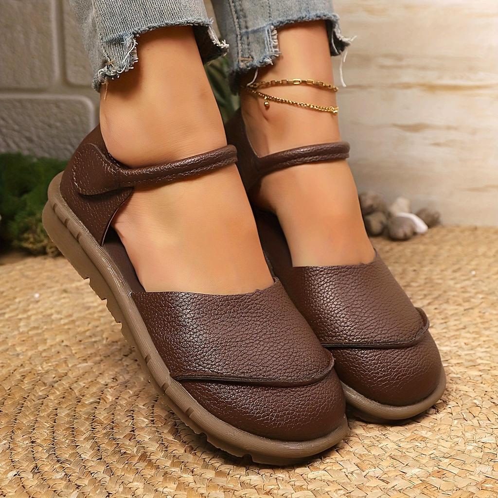 Ladies Mary Jane Flat Dance Lace Adjustable Velcro Closure - Round Head Casual Shoes, Comfortable Brown Single Shoes for All Seasons, Daily Dressing