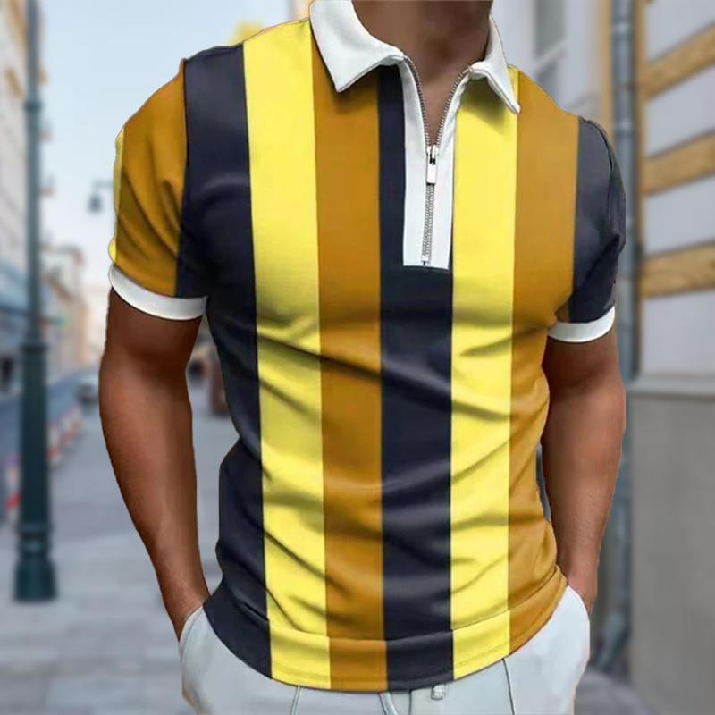 Повседневная футболка с лацканами, молодежная модная футболка с застежкой-молнией, футболка с коротким рукавом, мужская футболка с цветными блоками и вертикальными полосками