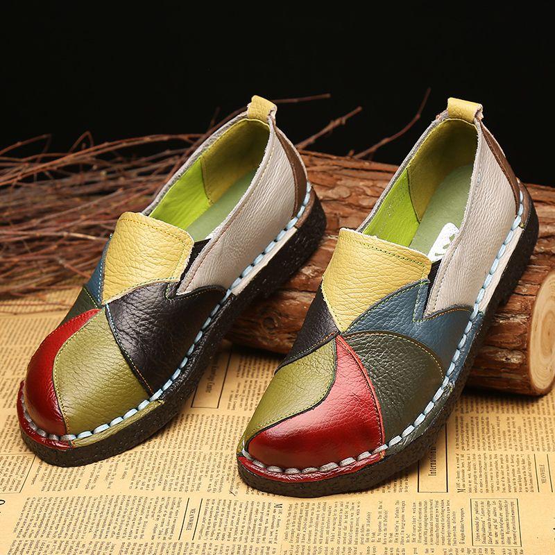 Designer Patches Ballet Flats For Women Luxury Vintage Shoes Big Size 42 Women's Genuine Leather Moccasins Mom Rainbow Loafers